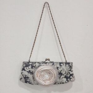 Black & Cream Brocade Evening Bag Clutch Satin Flower, Lace Netting, Chain Strap